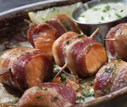 Smoky Maple Chipotle Bacon Wrapped Salmon Bites