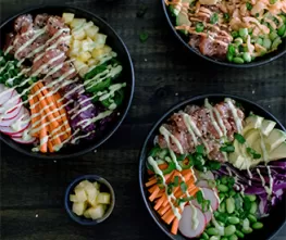 Pineapple Teriyaki Poke Bowls with Spicy Sriracha Sauce