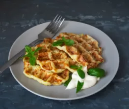 Cheesy Cauliflower Waffles with Horseradish Sauce