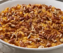 Mashed Maple Chipotle Sweet Potatoes with Quick Candied Pecans 